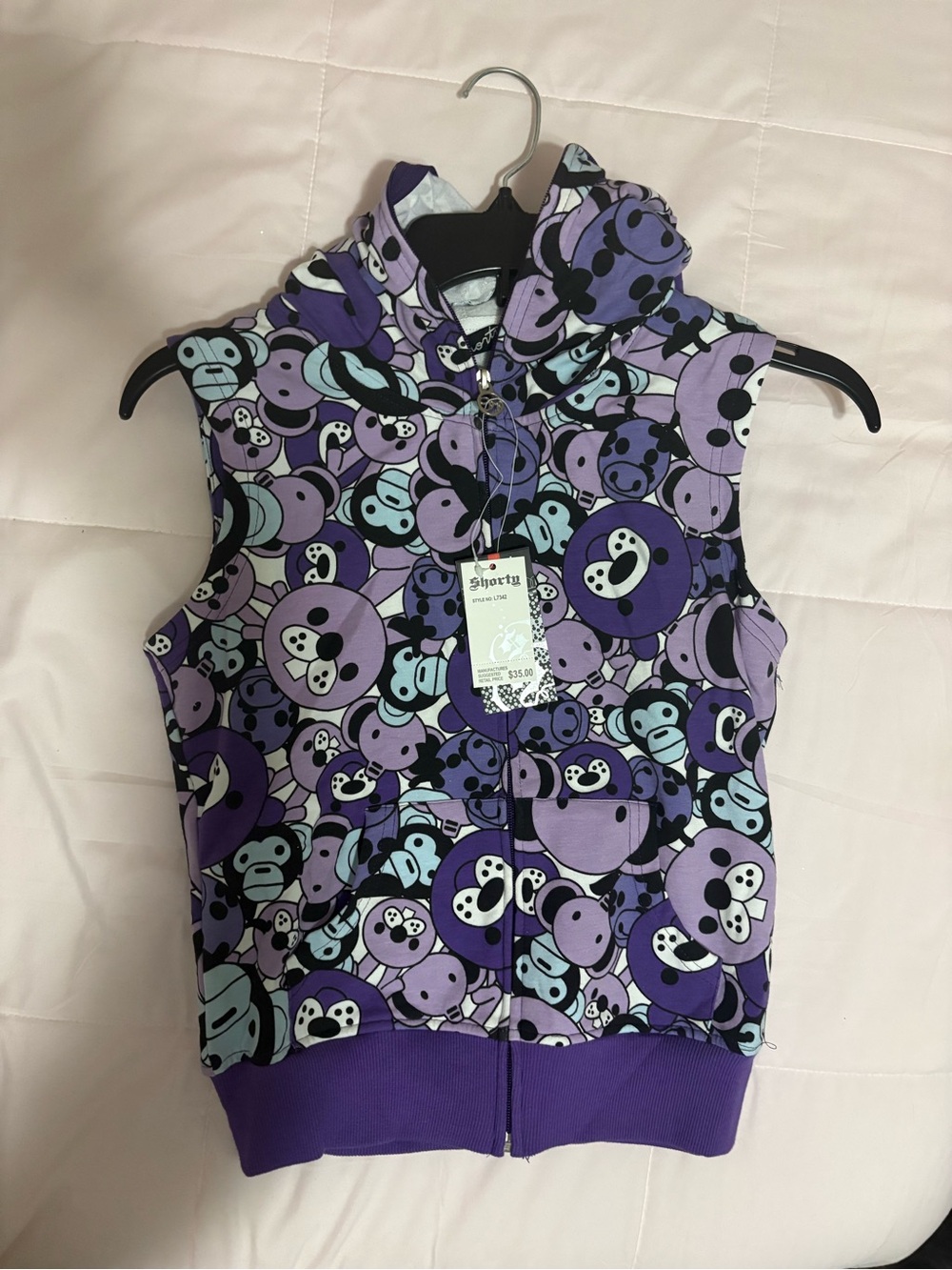 Unisex Purple Cartoon Bear Sleeveless Zip Hoodie